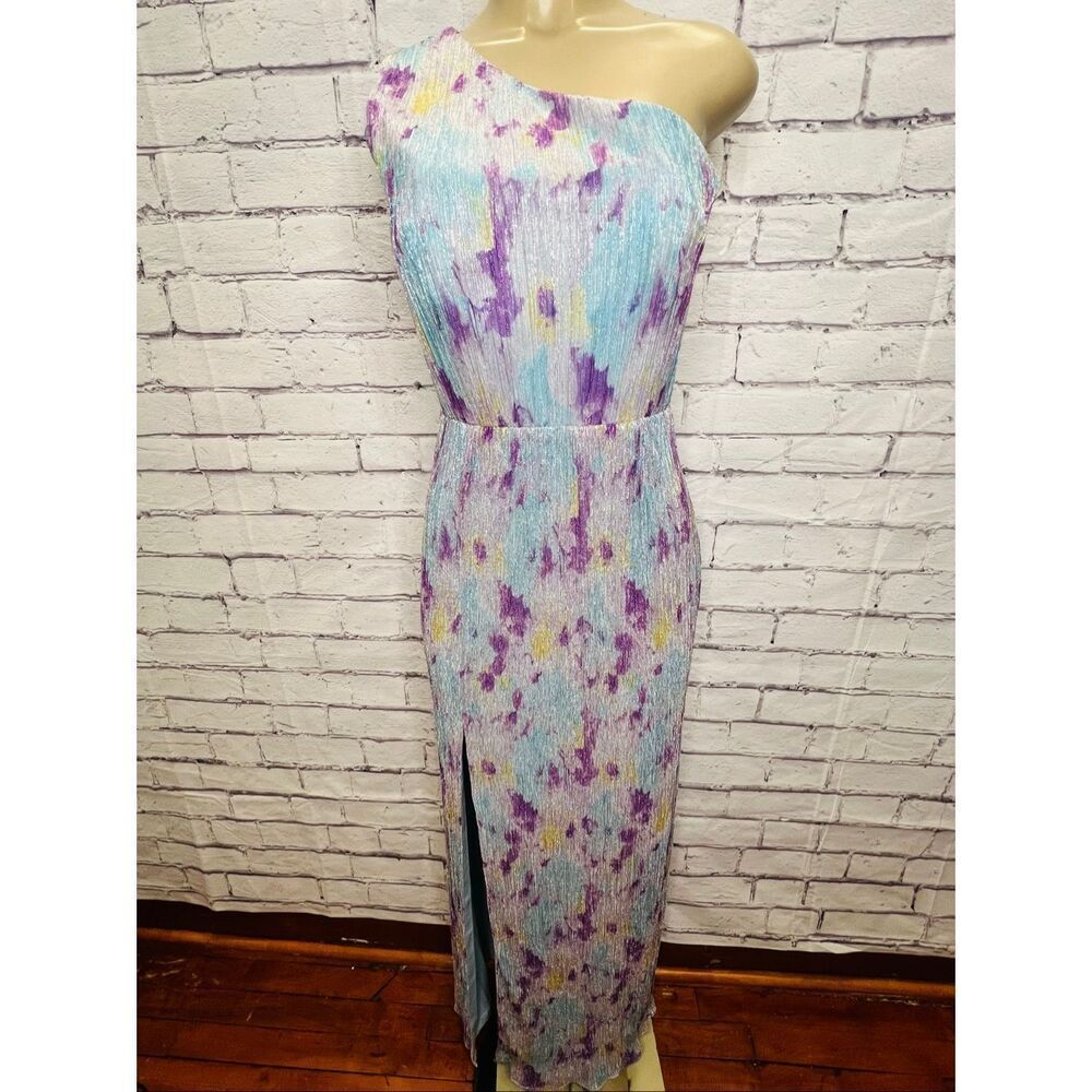 Dress the Population One-Shoulder Maxi Dress in Light Blue, Purple & Yellow